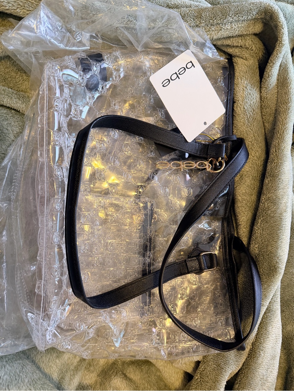 bebe Clear Tote with Black Trim and Gold Hardware